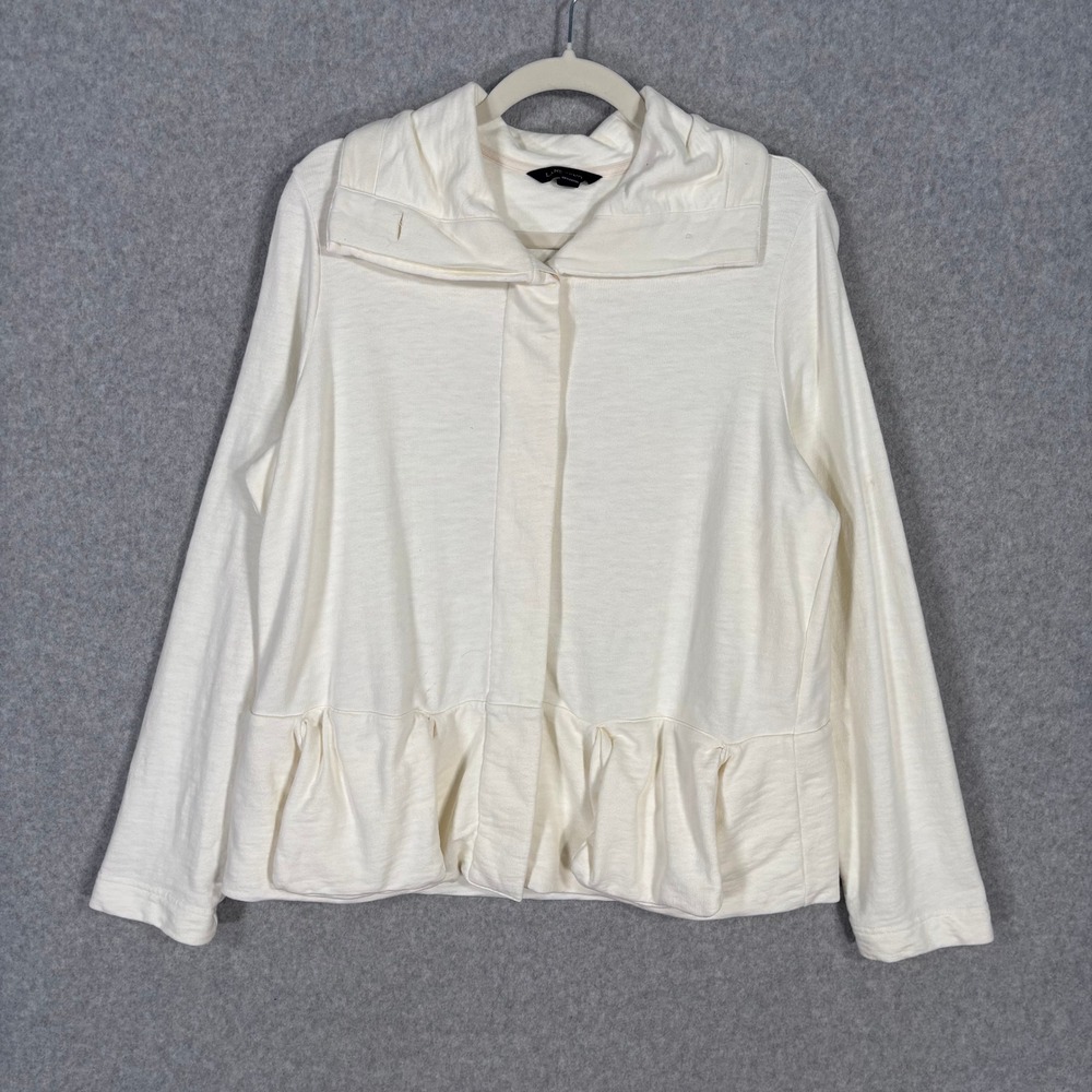 Lands End Cardigan Sweatshirt MP Cream Cowl Neck Ruffle Neutral Artsy READ